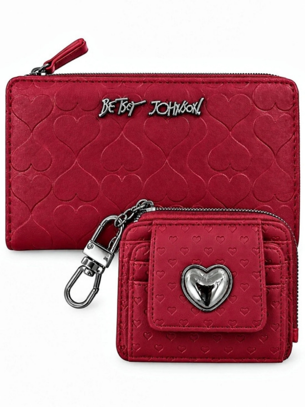NWT Betsey Johnson Cranberry Embossed Heart Wallet Set XOKAYRA XOFRENCH